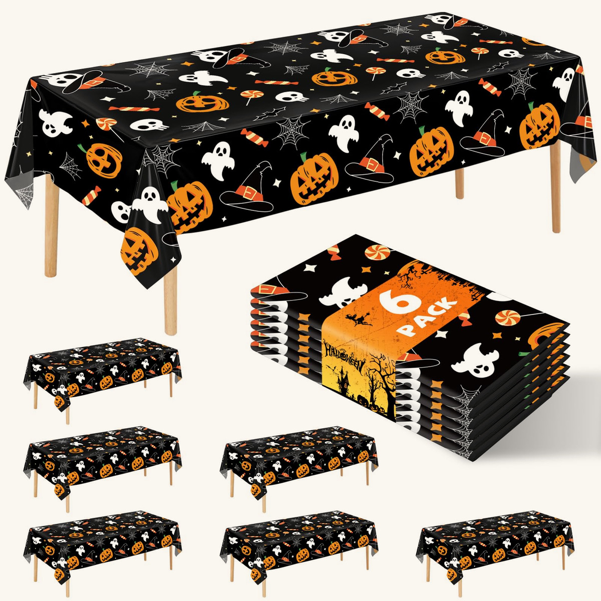 6 Pack Halloween Tablecloth, 54" x 108" Rectangular Plastic Halloween Pumpkin Gho…