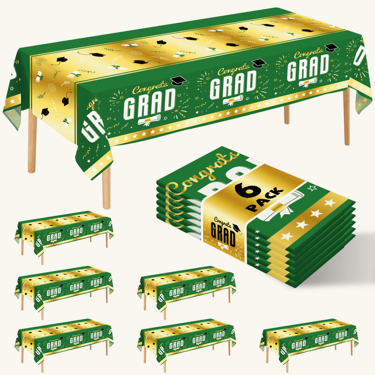6 Pack Disposable Plastic Tablecloth 54" x 108" Green Class of 2026 Grad Party Ta…