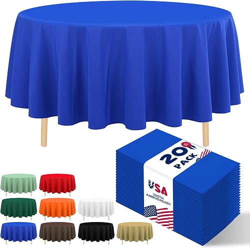20 Pack Blue Disposable Plastic Table Cloth, 84" Round Premium Disposable Tablecl…