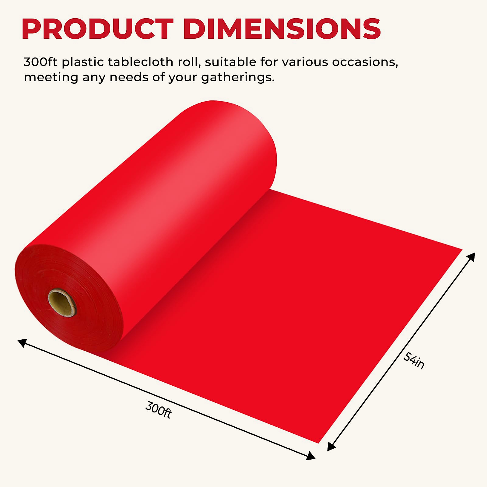 54 inch by 300 feet plastic table cover roll with cut-to-size dimensions and colour range
